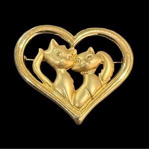 Vintage Danecraft Cat Couple Brooch Gold Tone Heart